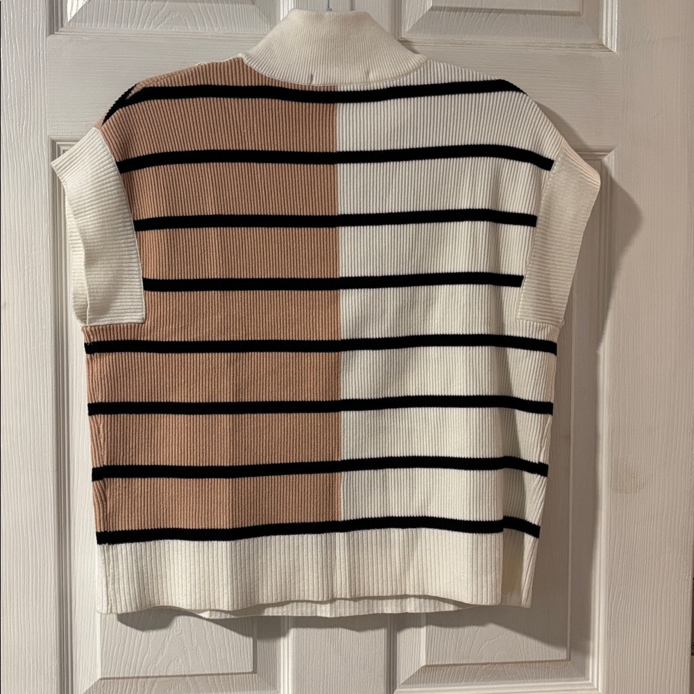 Clothesline Black White Tan Color Block Sleeveless Knit Top with Zipper Frint - Picture 6 of 9